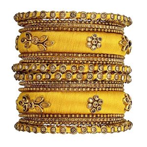 Bracelets ethniques en fil de soie plaqué or, imitation faite à la main, sertis de Kundan bleu, pour femmes et jeunes filles, mode mariage Haldi, certifiés par une tierce partie - Product Image 1