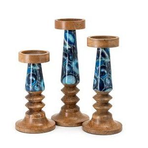 Juego de Portavelas de Resina y Madera Hechos a Mano, 3 Piezas, Soporte de Madera para Velas de Pilar con Piedra Azul, Decoración de Lujo al por Mayor - Product Image 1