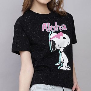 Print Black Cotton High Quality T-Shirt Crew Neck Short Sleeve Casual Women's <b>Top</b> Character Design Front Logo - Product Image 1