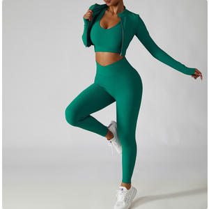 OEM 3 Piece Women's Seamless <b>T</b>-<b>Shirt</b> <b>Yoga</b> Set Biker Shorts Long Top Gymwear Sports Bra High Waist Breathable Eco-Friendly - Product Image 2