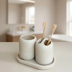 Ceramic <b>Toothbrush</b> <b>Holder</b> Set Minimalist Round Design Eco-Friendly Bathroom Accessory Two-Piece Tray Included - Product Image 1