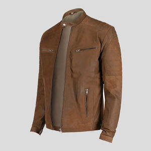 Blouson de moto coupe-vent en cuir véritable pour homme, col montant, fermeture éclair, coupe ajustée, hiver, marron, style motard urbain - Product Image 3