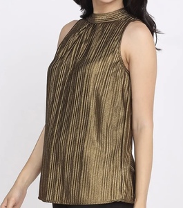 Haut plissé de haute qualité pour femme, col montant, sans manches, en polyester brillant, chemisier plissé, tenue de soirée, coupe ample, nouveau haut tendance - Product Image 3