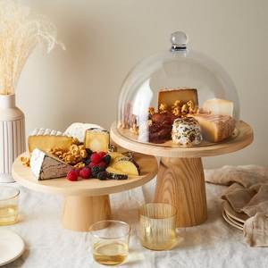 Eco-Friendly Wooden <b>Cake</b> <b>Stand</b> <b>Dome</b> Display Rack <b>with</b> Round Serving Plate and Clear <b>Glass</b> Cover for Cheese Bakery Party - Product Image 1