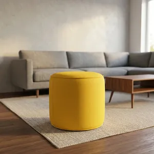 Yellow Round Fabric Pouf Ottoman Soft Cushioned Footrest Modern Floor <b>Stool</b> for Living Room Bedroom Lounge Home Seating - Product Image 5