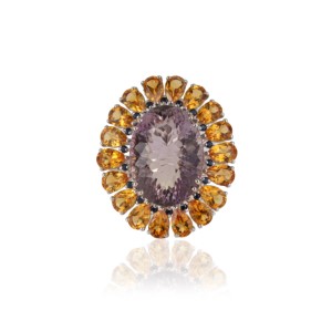 Factory Wholesale 925 Sterling <b>Silver</b> Natural <b>Amethyst</b> & Citrine Bold Floral Statement <b>Ring</b> For Women's - Product Image 1