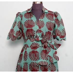 Vestido midi de algodón puro para mujer, estilo canguro, con estampado de conchas hecho a mano, moderno, dulce, línea A, para uso diario, informal o de fiesta. - Product Image 4