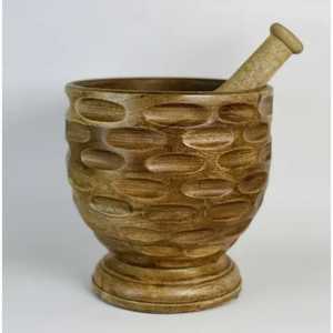 Skies Trader Horizontal Line Detail Wood Mortar and Pestle Set Manual Spice <b>Herb</b> <b>Grinder</b> Garlic Crusher Kitchen Grinding Bowl - Product Image 3