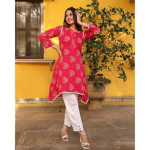 Kurta en mousseline de soie rose respirante pour femme avec motif dessiné à la main et bas de robe taille XS - Product Image 1