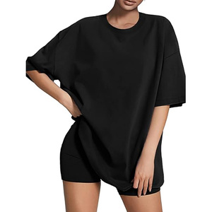 Washed Black Oversized T-Shirt Casual Style Solid Color Unisex Short Sleeve O-Neck Eco-Friendly 100% Cotton <b>Top</b> - Product Image 5