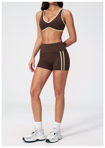 Custom Brown 2 Piece Yoga Set Spaghetti Strap <b>Crop</b> <b>Top</b> High Waist Flared Pants Contrast Binding Breathable Spandex Polyester - Product Image 2