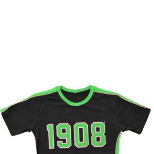 T-shirt ALPHA PHI ALPHA style USA 1908, col rond grec avec logo brodé en chenille personnalisé, noir et vert - Product Image 4