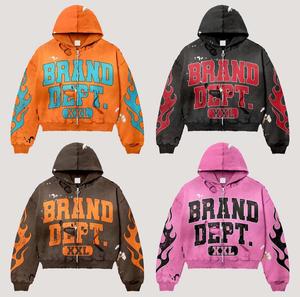 Oversized Zip Hoodie Unisex Streetwear Flame Print Cotton French Terry Hooded Sweatshirt Autumn Screen Printed Zipper Hoodies - Product Image 1