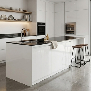 Mueble Moderno para Isla de Cocina Blanca con Base, Encimera de Cuarzo Negro, Fregadero Integrado, Grifo y Alacena Multiusos - Product Image 4