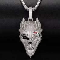 Liontin Kepala Tengkorak Berlian CZ Hip Hop, Lapisan Emas Putih, Mata Bunga Mawar, Wajah Hantu