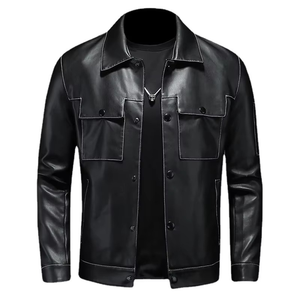 Mens Slim Fit Contrast Stitch Leather Trucker <b>Jacket</b> Black PU <b>Biker</b> <b>Jacket</b> White Stitch Streetwear Moto Coat - Product Image 1