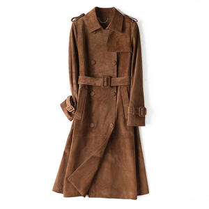 Abrigo Largo de Cuero de Ante Vacuno Vintage para Mujer, con Doble Botonadura y Cinturón, Chaqueta Maxi de Otoño - Product Image 4