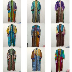 Kimono Maxi de Seda Reciclada Vintage, Vestido Tipo Bata para Mujer, Elegante, con Parches, Cuello en V, Cordón Ajustable, Transpirable, de Secado Rápido, para Verano - Product Image 1