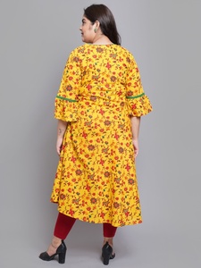 Mustard Cotton Anarkali <b>Kurti</b> With Floral Print Bell Sleeves And Round Neck Design For Plus Size Women's Collection - Product Image 4