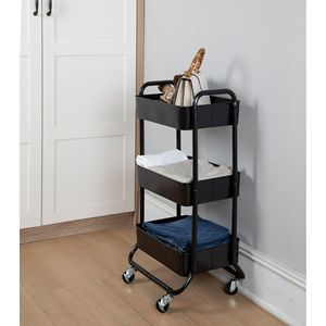 Carrello portaoggetti a 3 ripiani in metallo nero lucido con ruote per un facile spostamento, ideale per contenitori e scaffali - Product Image 3