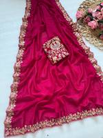 Sari Vichitra de créateur avec broderie C Pallu, motif à séquence codée et bordure découpée, accompagné d'un chemisier Vichitra