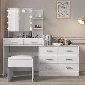 Grande Tavolo da Trucco con 10 Luci LED e Stazione di Ricarica, Ideale per Uso come Toeletta - Product Image 1