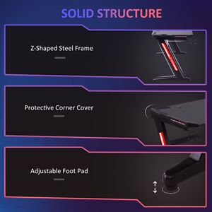 Scrivania da Gaming a Forma di Z Nera con LED, Struttura in Metallo e MDF, Copertura Angolare, Portabicchieri e Gancio per Cuffie per Sala Giochi - Product Image 6