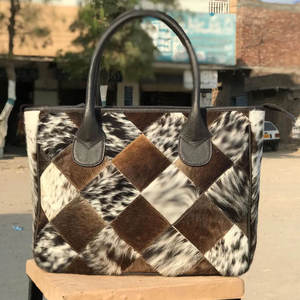 Cowhide Embossed Color Blocked <b>Patchwork</b> Tote <b>Bag</b> Genuine Leather Handle Shoulder Handbag Spotted Pattern for Daily Use - Product Image 1