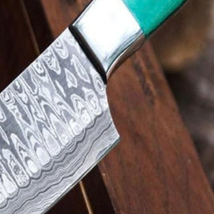 Couteau de chef de qualité supérieure en acier damas argenté avec manche en bois brun naturel et vert turquoise, couteau de cuisine tranchant - Product Image 2