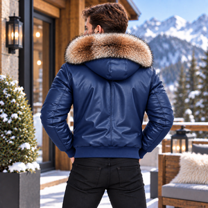 <b>Men's</b> Genuine Leather Hooded Bomber Jacket Fox Fur Trim <b>Summer</b> Breathable Plaid Pattern Motorcycle Fashion <b>Coat</b> Giacca Uomo - Product Image 6