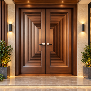 Puerta de Entrada de Madera Sólida Contemporánea Golden Aero GA-44L, Diseño Decorativo con Ranuras, para Apartamento o Villa, Alta Calidad - Product Image 1