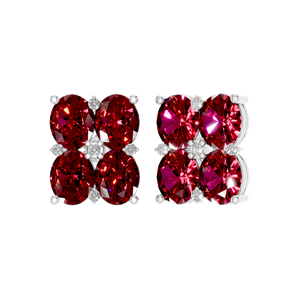 Boucles d'oreilles à tige florale en grappe de rubis en argent sterling 925 certifié IGI Délicat diamant taille ovale finition or blanc à la mode pour - Product Image 2