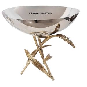 Stainless Steel and Brass Decorative Bowl With Leaf Branch Deluxe Quality Round Shape <b>Sweets</b> Serving Bowl for Sale - Product Image 1