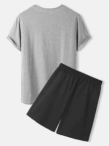 Ensemble décontracté homme 2026 gris et noir, t-shirt uni et short, tenue d'été deux pièces confortable et respirante 100% coton tricoté pour la détente - Product Image 2