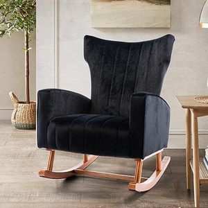 Fauteuil à bascule en bois de Sheesham avec coussin pour siège et dossier |   Fauteuil à bascule artisanal en bois massif |   Tissu noir - Product Image 1