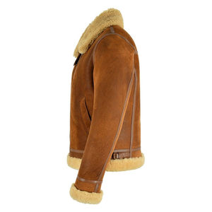 <b>Men's</b> Genuine Leather Bomber <b>Jacket</b> with Sherpa Lining Turn-down Collar Zipper Closure Autumn Moto Style Front Logo Customizable - Product Image 4