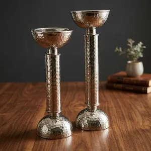 <b>Silver</b> Hammered Metal Candle Holders Set Round Contemporary Home Decor Indoor Tabletop Living Room 100% Handmade - Product Image 3