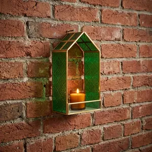 Artisan Design Modern Green Glass <b>Wall</b> Shelf with Brass Frame Hut Shape <b>Hanging</b> <b>Storage</b> Organizer for Living Room Decor - Product Image 3
