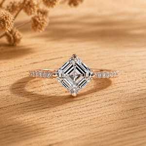 Bague de fiançailles en diamant de laboratoire taille Asscher et taille ronde, or massif 10K 14K 18K, design de joaillerie fine, certifiée IGI, couleur E VVS - Product Image 2