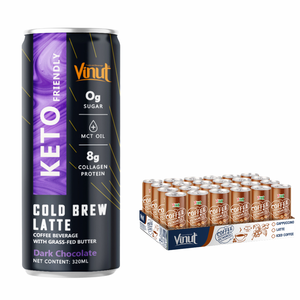 กาแฟคีโต อาราบิก้า โรบัสต้า กระป๋องอะลูมิเนียม 320 มล. ปราศจากนม ปราศจากกลูเตน ปราศจาก GMO ยี่ห้อ VINUT รับผลิตแบบ OEM ODM ความหวาน 3% บริกซ์ - Product Image 1
