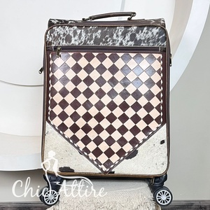 Handcrafted Tan & Brown Checkered Fur Leather Rolling Luggage Suitcases Trendy Designer Large Capacity Carry-On Travel luggage - Product Image 1