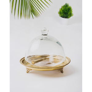 Industrial Golden Brass <b>Cake</b> Platter With Glass Dome <b>Cover</b> Round Dessert Display <b>Stand</b> For Birthday Wedding Parties Supply - Product Image 1