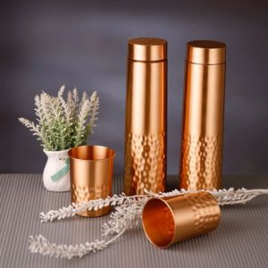 4-Piece Pure Copper Water <b>Bottle</b> and Tumbler Gift Set | Hammered Dual-Texture Copper <b>Flask</b> Suite - Product Image 1