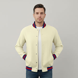 High Quality <b>Men's</b> <b>Cream</b> Varsity <b>Jacket</b> Preppy Style Embroidered Logo Front Regular Fit Turn-down Collar Autumn Wear - Product Image 3