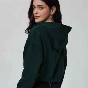 Green <b>zipper</b> hoodie women Cotton knitted full sleeve Casual autumn wear pocket Breathable solid color hoodie - Product Image 3