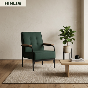 Fauteuil rembourré une place de style Mid-Century Modern avec accoudoirs à rail en tissu capitonné et structure métallique verte pour salon - Product Image 3