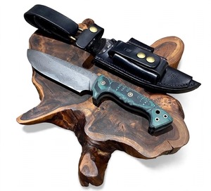 Couteau utilitaire artisanal en acier Damas, manche G10 Teal, avec étui - Product Image 1