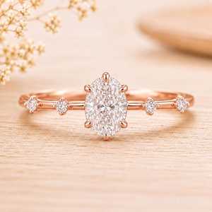 Oval Brilliant and Round Cut Lab Grown Diamond Minimal Style <b>Wedding</b> Band 10K 14K 18K Solid Gold Diamond Engagement Ring - Product Image 1