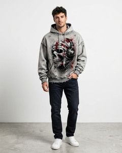Sweat-shirt à capuche personnalisé pour homme, en coton épais, délavé à l'acide, effet vieilli et déchiré, avec motif crâne et écouteurs, coupe oversize, style vintage grunge - Product Image 4