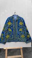 Blazer en velours bleu à col montant, respirant et à séchage rapide, avec broderie florale verte, manches longues, veste d'hiver pour femme